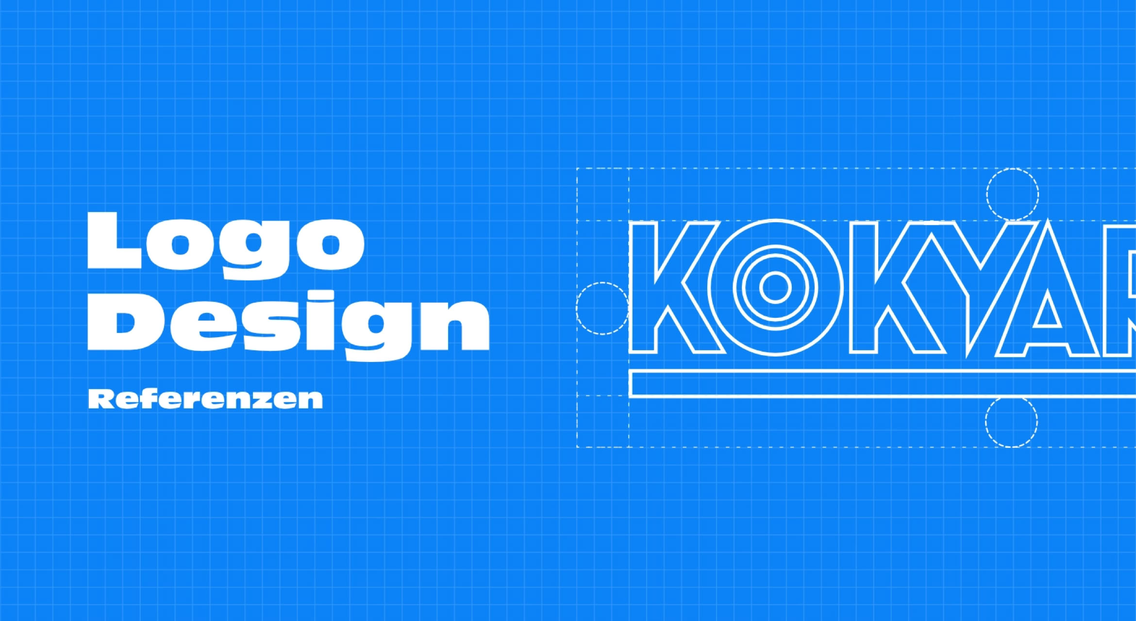 Blauer Hintergrund mit weißem Text "Logo Design Referenzen" links und einem technischen Entwurf des Wortes "KOKYAR" rechts.