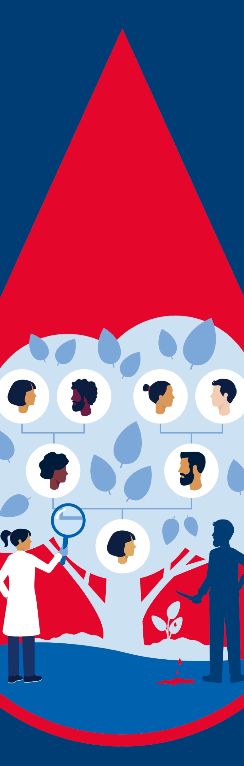 Illustration eines großen Blutstropfens mit einem Baum darin, der mehrere Gesichter in den Ästen zeigt. Zwei Personen stehen unten, eine mit einem Laborkittel und einer Lupe.