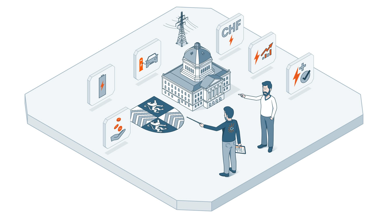 Isometrische Illustration mit zwei Personen, die auf ein großes Gebäude in der Mitte zeigen, umgeben von Symbolen wie einem Mobiltelefon, einem Schweizer Franken-Symbol und einem Strommast.