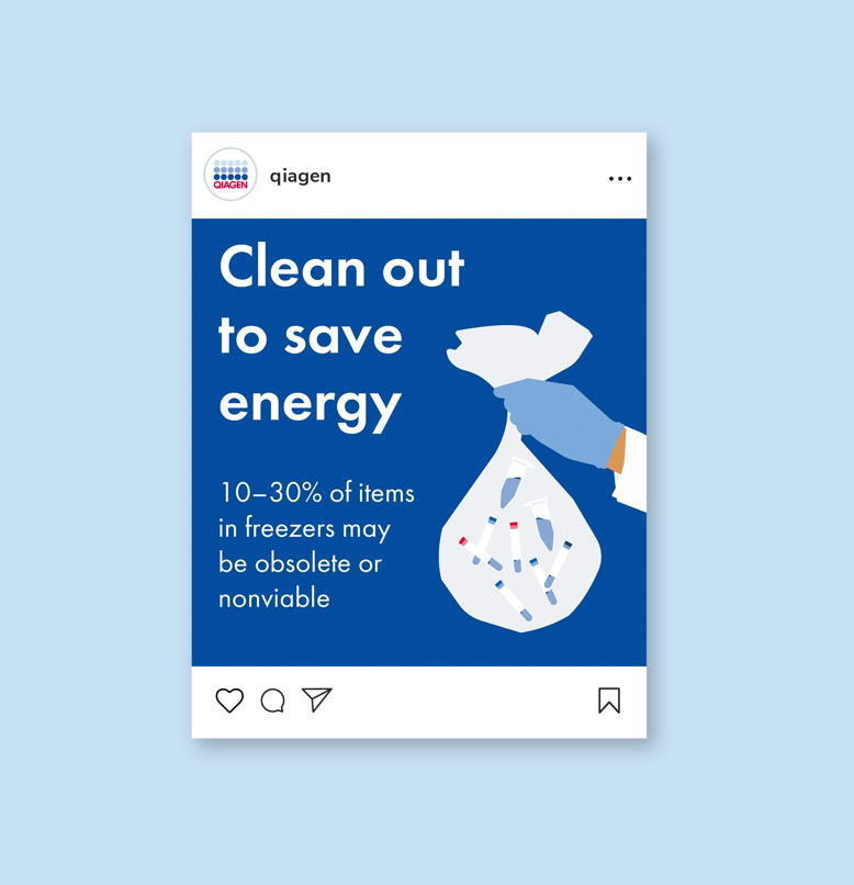 Illustration eines Instagram-Posts mit dem Text "Clean out to save energy" und "10-30% of items in freezers may be obsolete or nonviable". Eine Hand hält einen Müllsack.