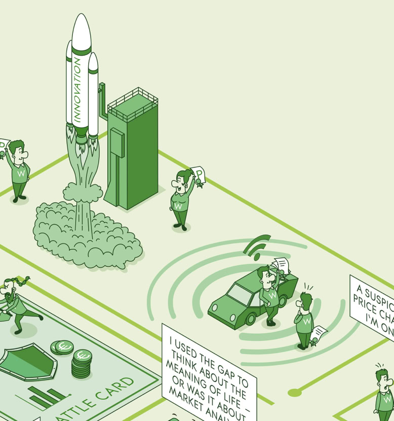Illustration mit einer Rakete, zwei Personen, die Fahnen schwenken, einem Auto mit zwei Personen daneben und Schildern mit Text.