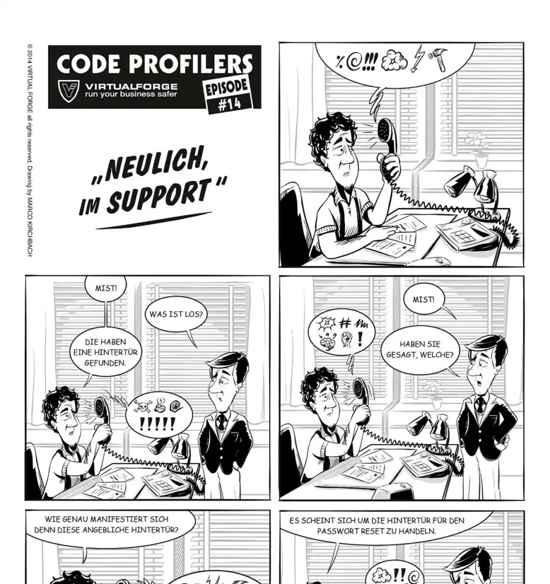 Schwarz-weiß Comic mit sechs Panels. Zwei Männer sitzen an einem Tisch mit einem Telefon. Einer spricht ins Telefon, während der andere zuhört. In den Panels wechseln sie zwischen Gespräch und Reaktionen. Textblasen zeigen Dialoge und Symbole. Im letzten Panel lachen beide.