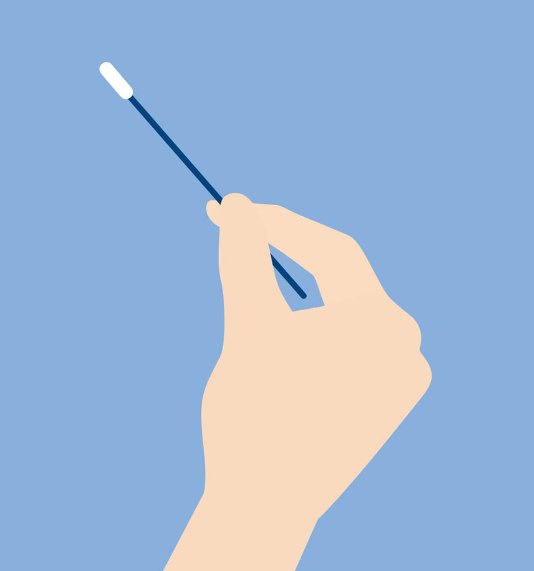 Eine Hand hält ein Wattestäbchen vor einem blauen Hintergrund.