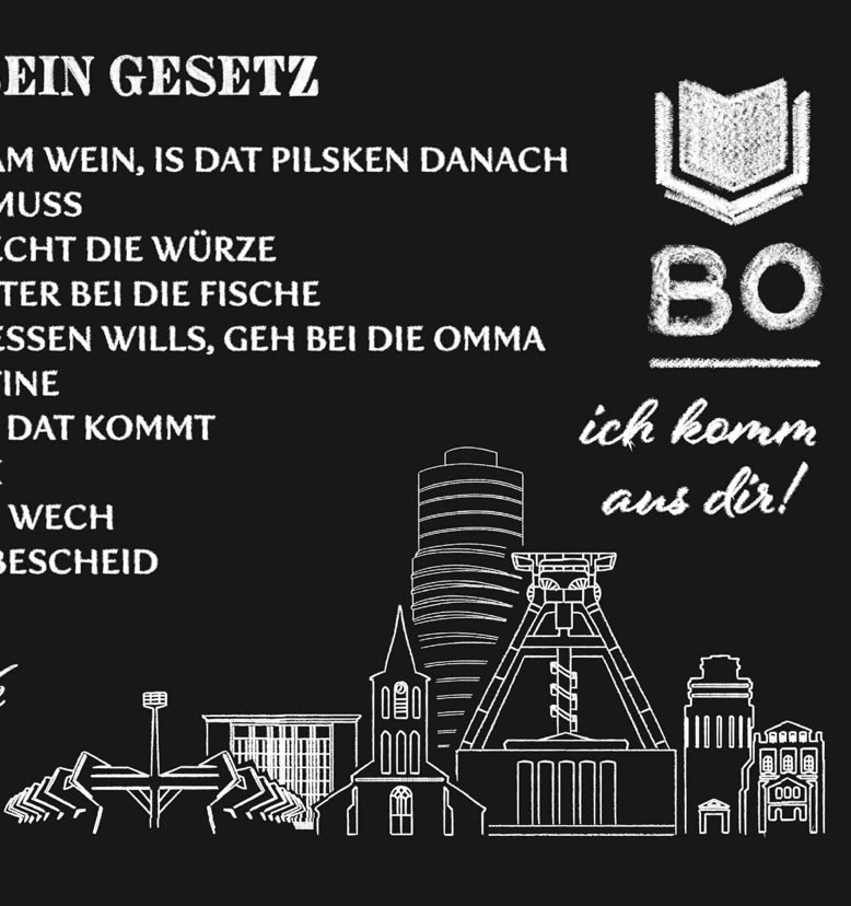 Schwarzer Hintergrund mit weißem Text und Zeichnungen. Oben steht "SEIN GESETZ" mit einer Liste von Regeln. Rechts sind ein Buchsymbol, die Buchstaben "BO", und der Text "ich komm aus dir!". Unten sind stilisierte Zeichnungen von Gebäuden und Strukturen.