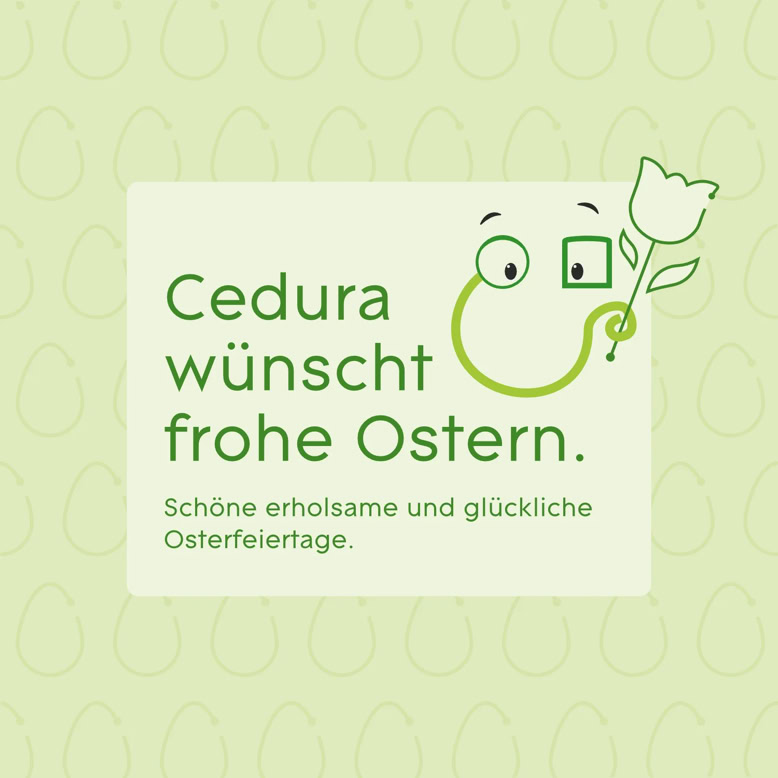 Maskottchen CED auf grünem Hintergrund mit Eierschalenmuster, Text "Cedura wünscht frohe Ostern. Schöne erholsame und glückliche Osterfeiertage." daneben eine stilisierte Blume und ein Gesicht.