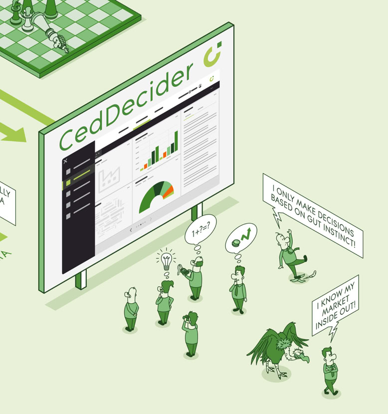 Illustration von Personen, die vor einem großen Bildschirm mit der Aufschrift "CedDecider" stehen, auf dem Diagramme und Grafiken angezeigt werden. Einige Personen haben Sprechblasen.