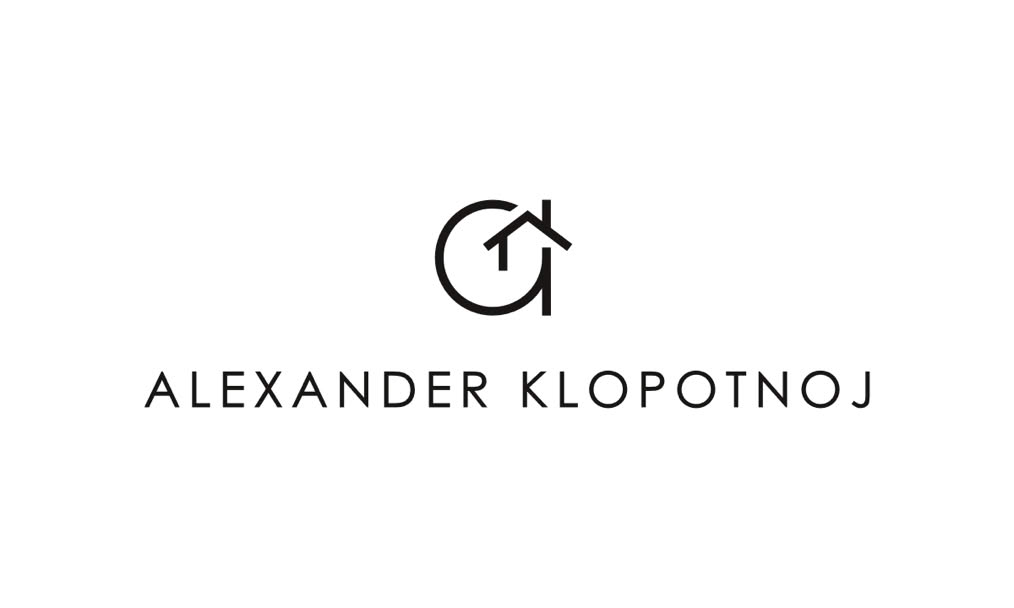 Individuelles Logo Design mit einem stilisierten Haus und den Worten "Alexander Klopotnoj" darunter.