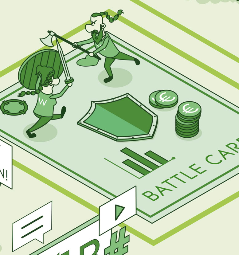 Illustration von zwei Figuren, die auf einer Karte mit der Aufschrift "Battle Card" stehen, mit einem Schild und zwei Münzen.