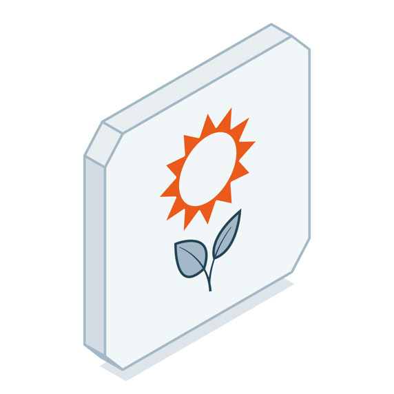 Isometrisches Icon eines weißen, sechseckigen Blocks mit einem orangefarbenen Sonnensymbol und einem kleinen Pflanzenmotiv darunter.