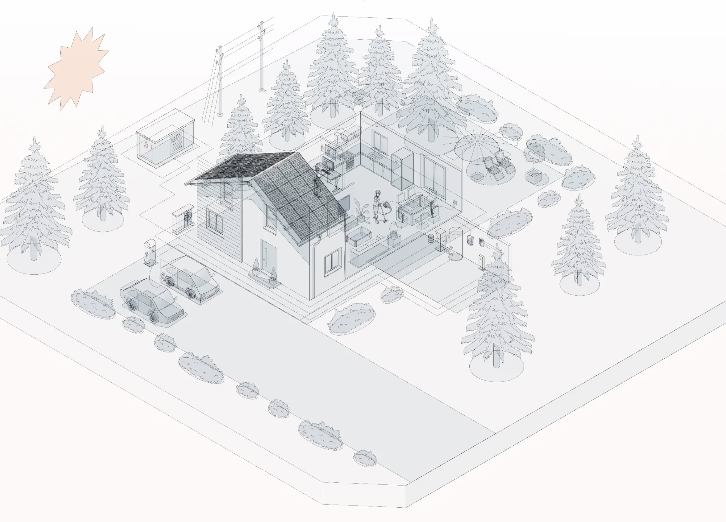 Drahtmodell einer isometrischen Zeichnung eines Hauses mit Solarpanelen auf dem Dach, umgeben von Bäumen und einem Auto auf der Einfahrt.