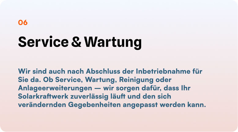 Text auf einem hellen Hintergrund mit der Überschrift "Service & Wartung" und einem Absatz, der Dienstleistungen wie Service, Wartung und Reinigung beschreibt.