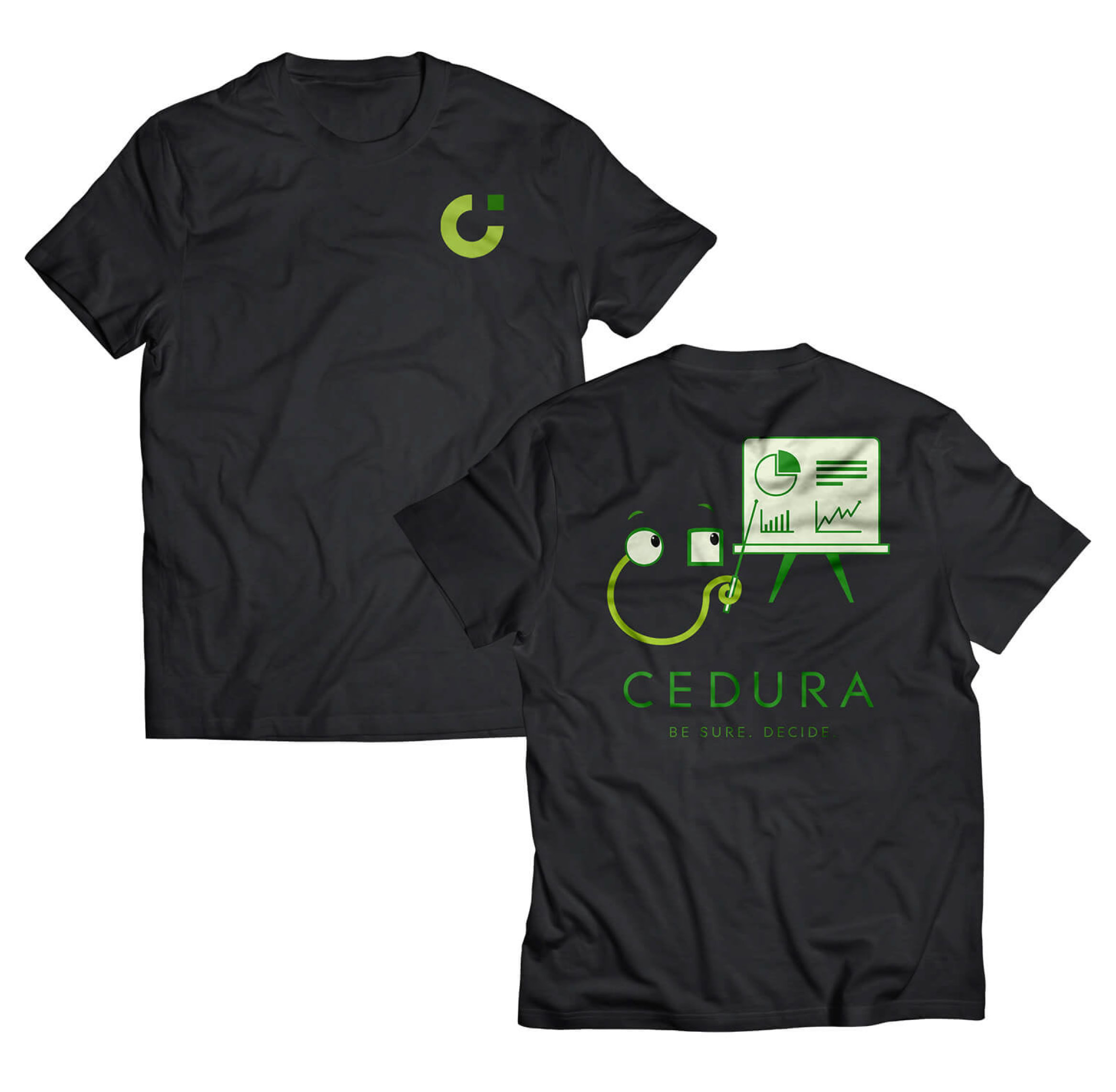 Mitarbeiter-Merchandise: Exklusiver T-Shirt-Print mit dem Cedura Maskottchen CED im Comic-Stil.