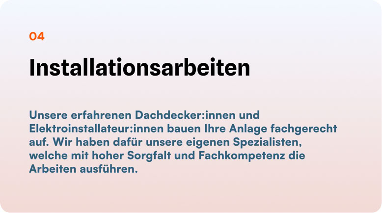 Text auf einem Hintergrund mit Farbverlauf, der "Installationsarbeiten" und eine Beschreibung über die Arbeit von Dachdecker:innen und Elektroinstallateur:innen enthält.