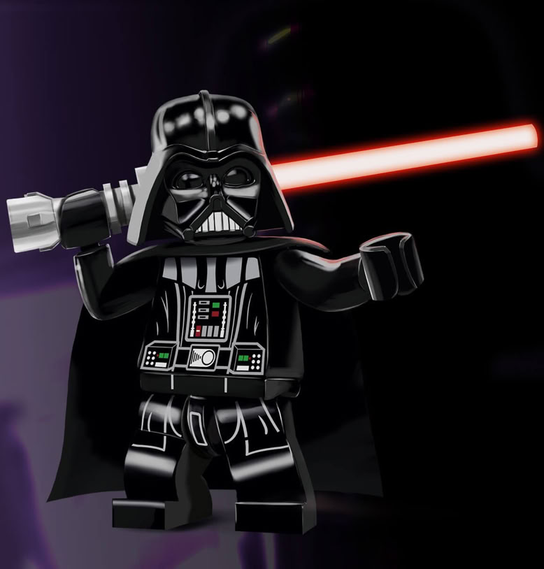 LEGO-Figur in schwarzer Rüstung mit rotem Lichtschwert.