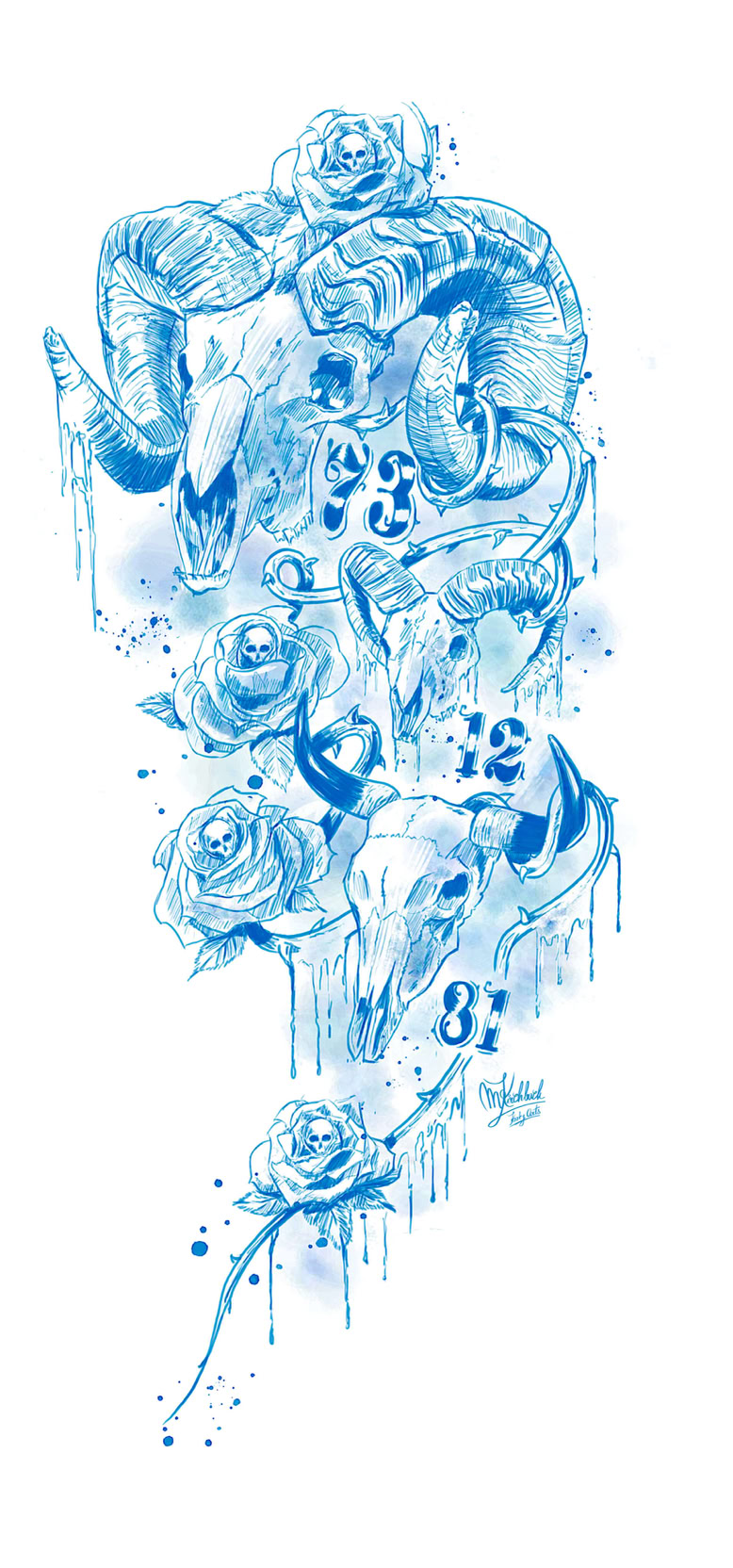 Blaue Zeichnung (Skizze für Tattoo) von Rosen und Totenköpfen, die ineinander verschlungen sind.