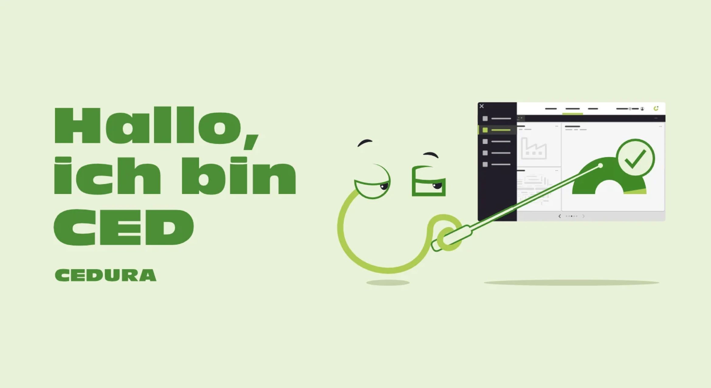Grafik eines Maskottchen mit grünem Text "Hallo, ich bin CED" und einer Illustration eines Bildschirms mit einem Diagramm und einem grünen Häkchen.