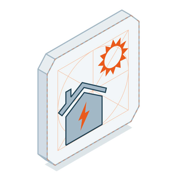 Isometrische Illustration eines Schildes mit einem Haus und einem Blitzsymbol, darüber eine Sonne.