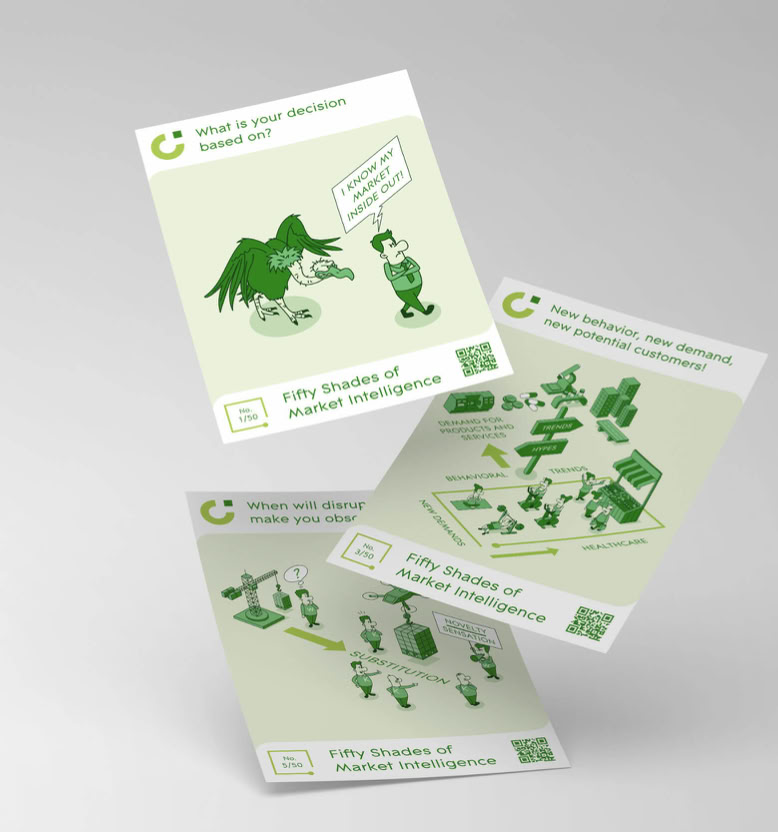 Drei schwebende, grün-weiße Infografiken mit Illustrationen und Texten auf grauem Hintergrund.