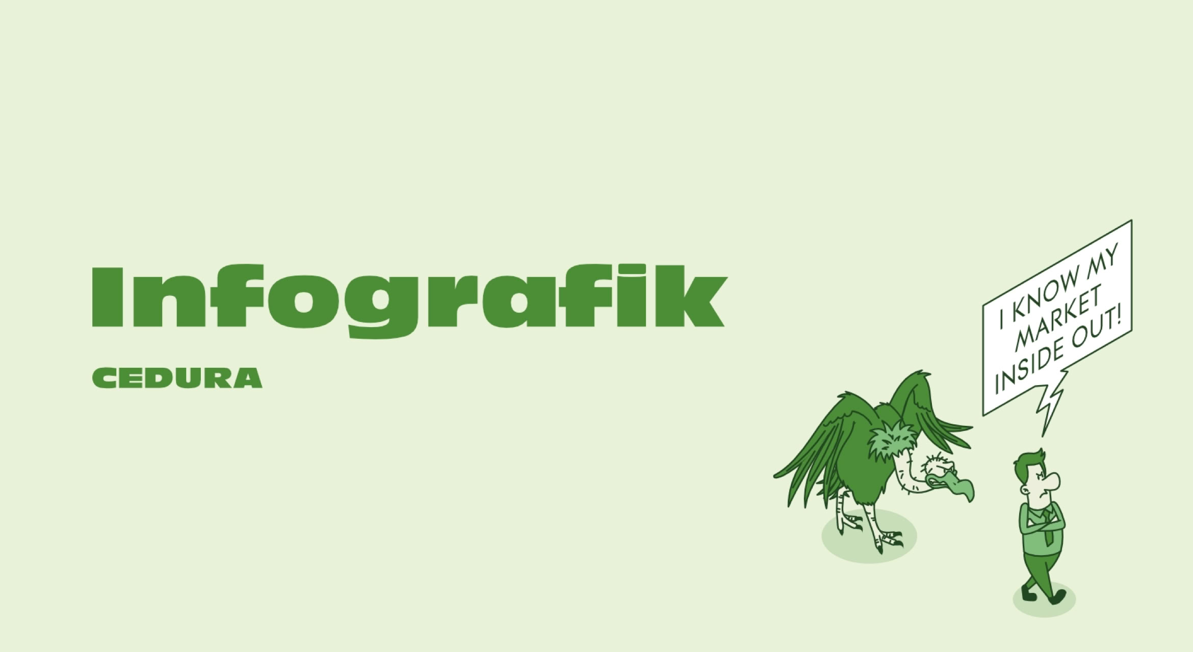 Grüne Zeichnung eines Vogels und einer Person, die ein Schild mit der Aufschrift "I love my market research data" hält; daneben der Text "Infografik Cedura".