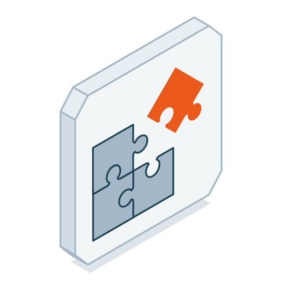 Isometrsiches Icon eines Puzzles mit drei grauen Teilen und einem orangefarbenen Teil, das in der Luft schwebt.