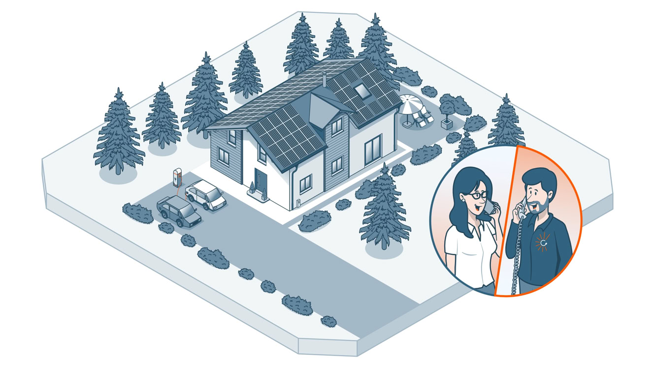 Isometrische Illustration eines Hauses mit Solarpanelen auf dem Dach, umgeben von Bäumen und einem Auto in der Einfahrt. Im Vordergrund ein Kreis mit zwei Personen, die miteinander sprechen.