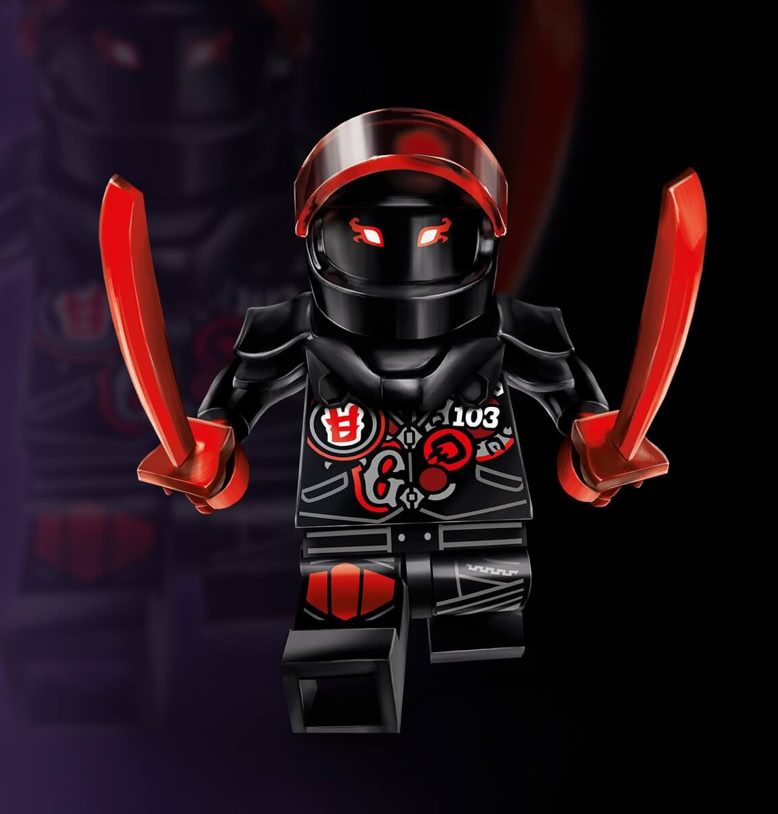 LEGO-Figur in schwarzer Rüstung mit roten Akzenten und zwei roten Schwertern.