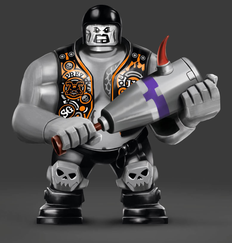 LEGO Spielzeugfigur in schwarz-grauer Rüstung mit Totenkopf-Details, hält einen großen silbernen Raketenwerfer mit roten Spitzen.