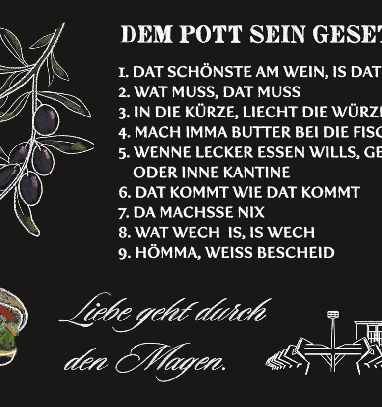 Schwarzer Hintergrund mit weißem Text, der neun humorvolle Sprüche auflistet. Links oben sind gezeichnete Olivenzweige, unten links ein Teller mit Essen, und unten rechts Messer und Gabel. Darunter steht: "Liebe geht durch den Magen."