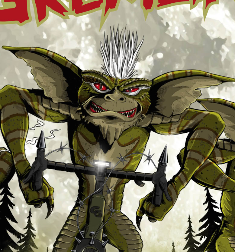 Illustration eines grünen, monsterartigen Wesens (Gremlin) mit großen Ohren und weißem Haar, das eine Axt hält, umgeben von Bäumen.