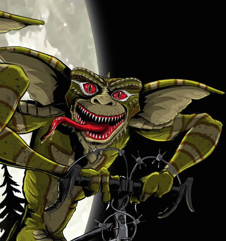Grünes, monsterartiges Wesen (Gremlin) mit roten Augen und langen Ohren vor einem Vollmond.