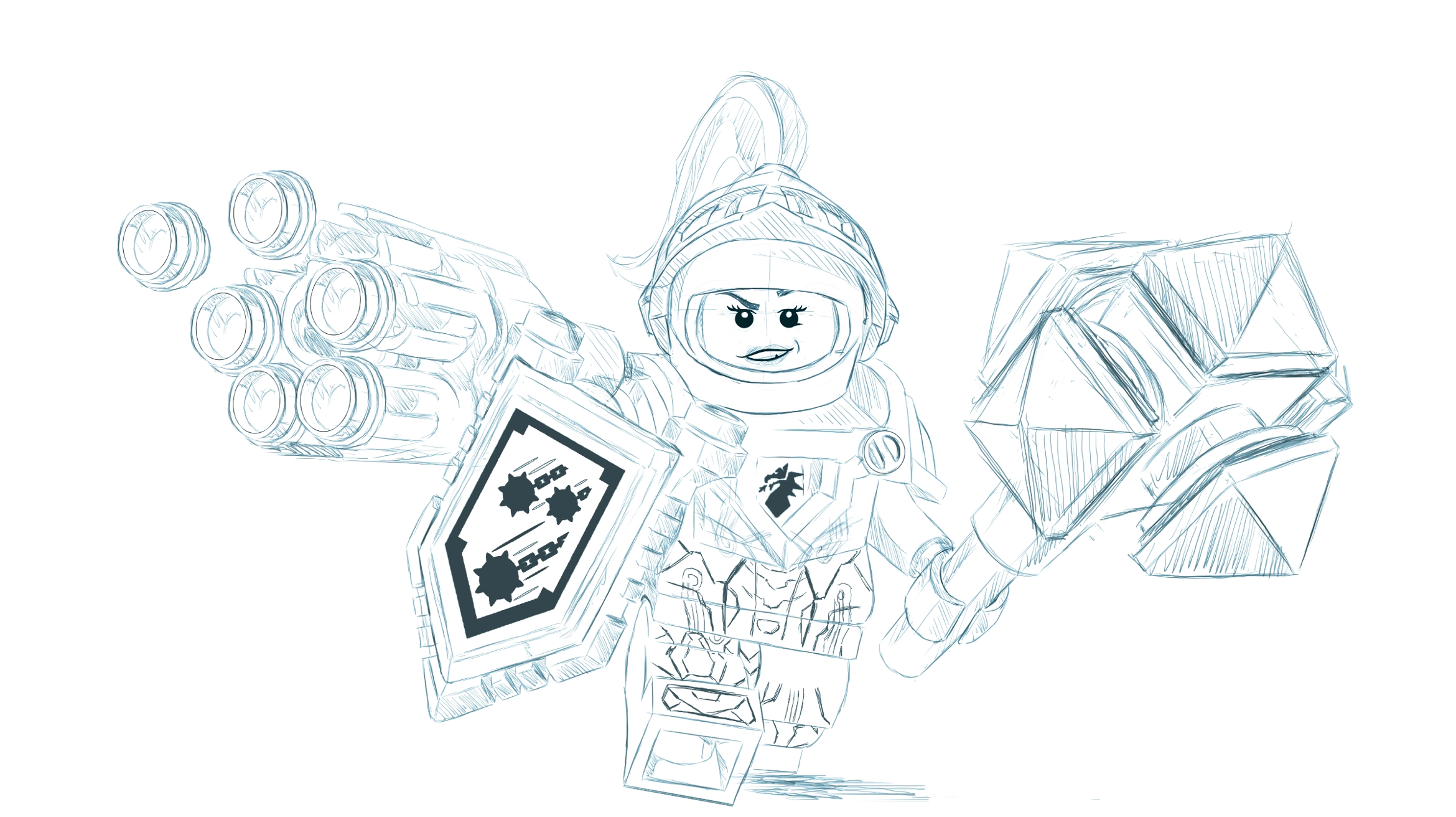 Skizze einer Lego-Figur in Rüstung mit Schild und Hammer.