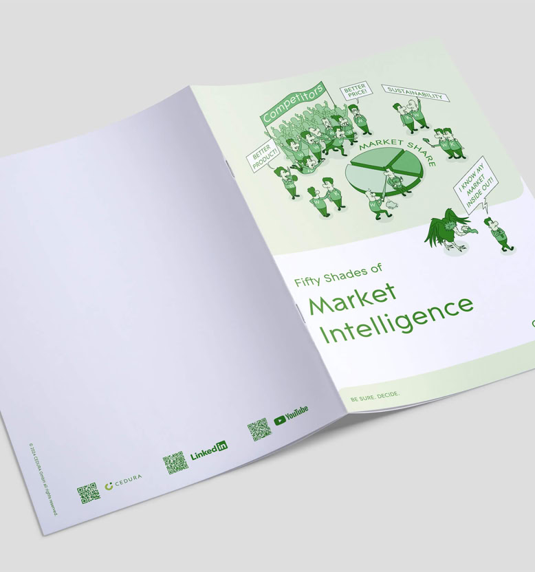 Ein aufgeschlagenes Heft mit einer grünen Illustration und dem Text "The Future of Market Intelligence" auf der rechten Seite.