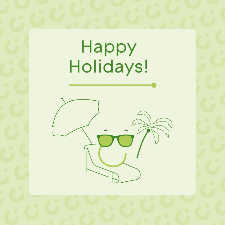 Maskottchen CED mit Sonnenbrille, Liegestuhl, Sonnenschirm und Palme, darüber der Text "Happy Holidays!" auf hellgrünem Hintergrund.