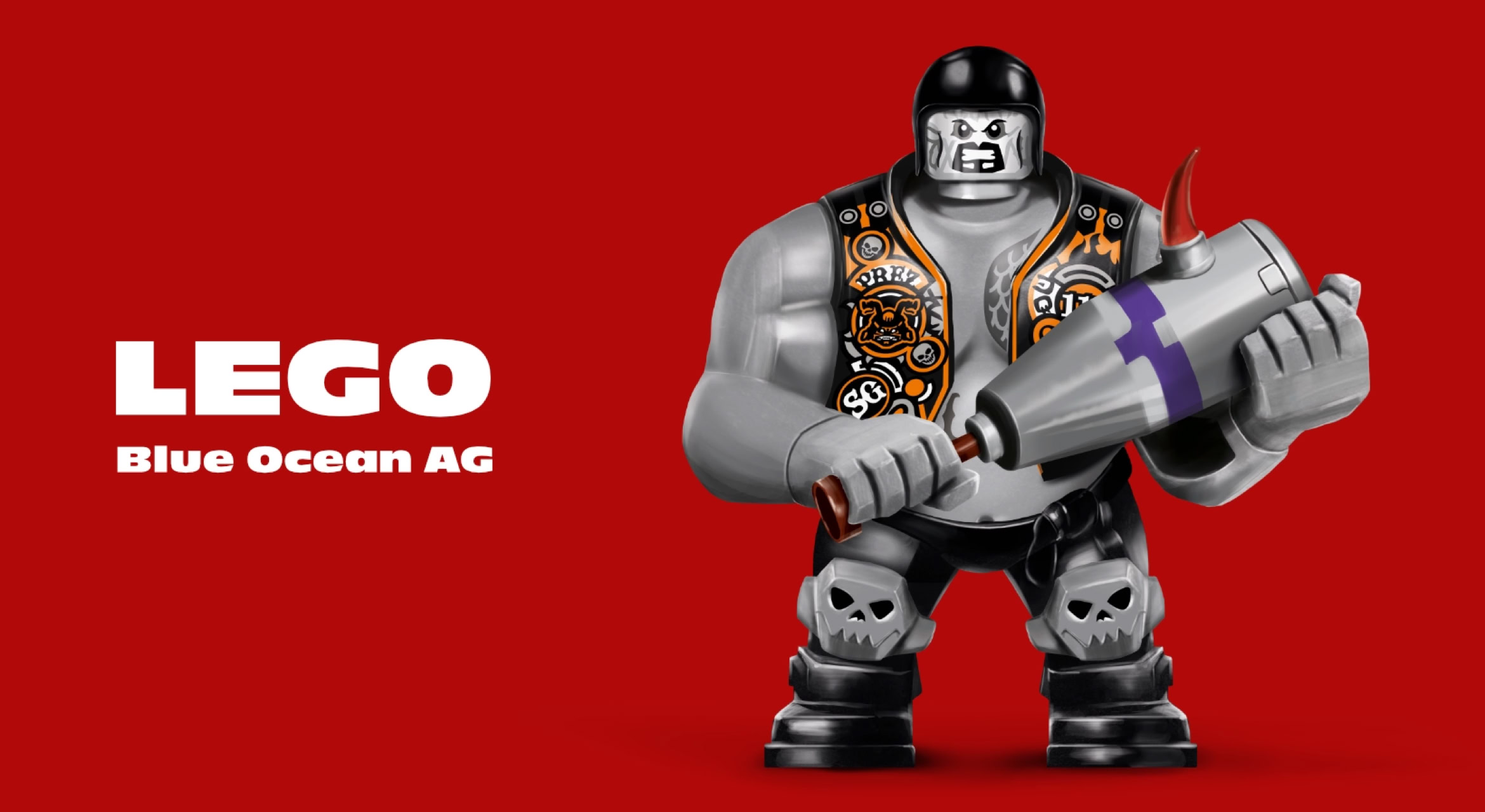 Ein graue LEGO-Figur mit schwarzer Maske und verziertem Oberteil hält einen großen silbernen Gegenstand vor einem roten Hintergrund. Links steht der Text "LEGO Blue Ocean AG".