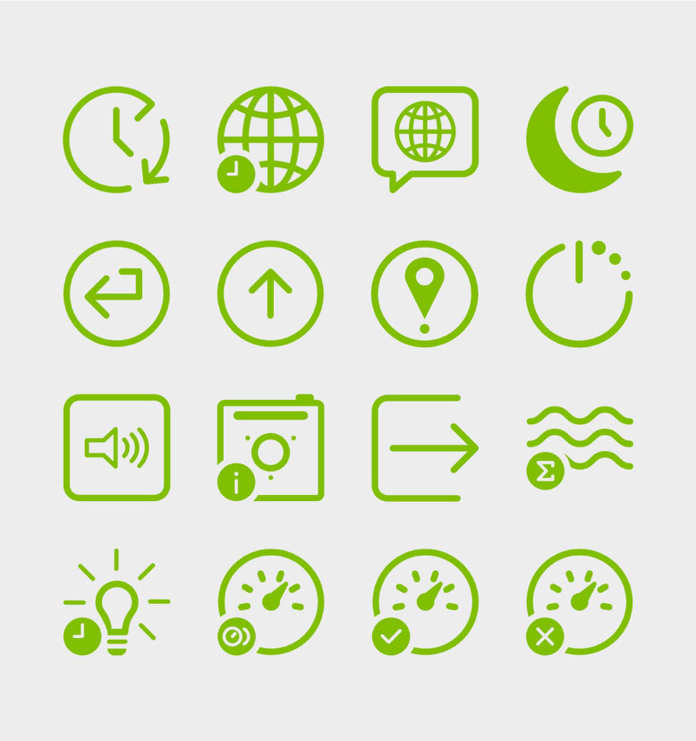 Sechzehn grüne Icons auf weißem Hintergrund, darunter Symbole für Uhr, Weltkugel, Sprechblase, Mond, Pfeile, Standort, Lautsprecher, Ordner, Wellen, Glühbirne und Häkchen.