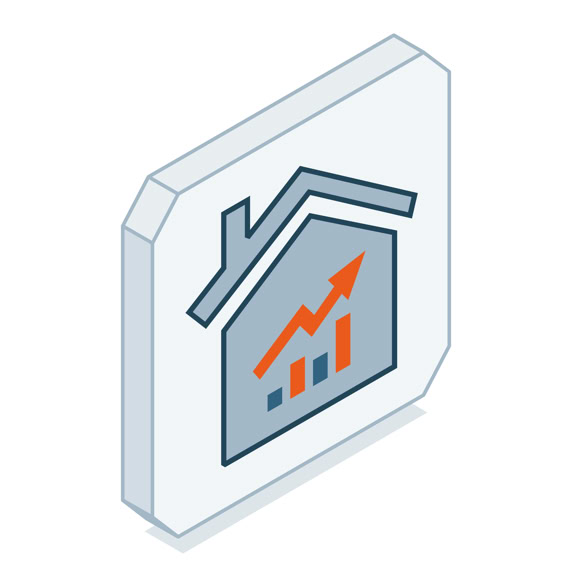 Isometrsiches Icon eines Hauses mit einem aufsteigenden Diagramm im Inneren.