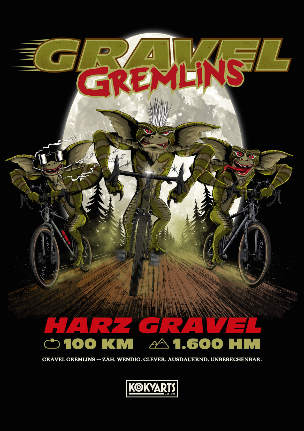 Illustration von drei Gremlins auf Fahrrädern vor einem großen Mond, mit dem Text "Gravel Gremlins" und Informationen zu einer Veranstaltung namens "Harz Gravel".