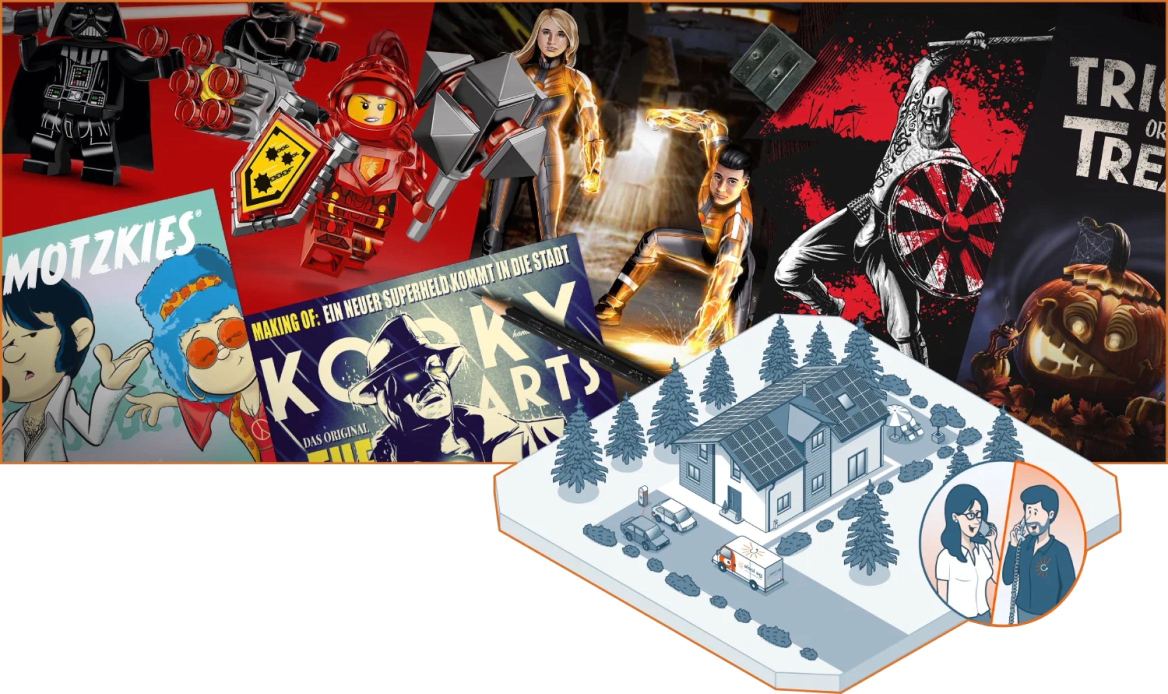 Portfolio-Collage von Kooky Arts Design: Comic- und Filmfiguren, Superhelden, ein Horror-Plakat sowie eine isometrische Infografik eines Wohnhauses.