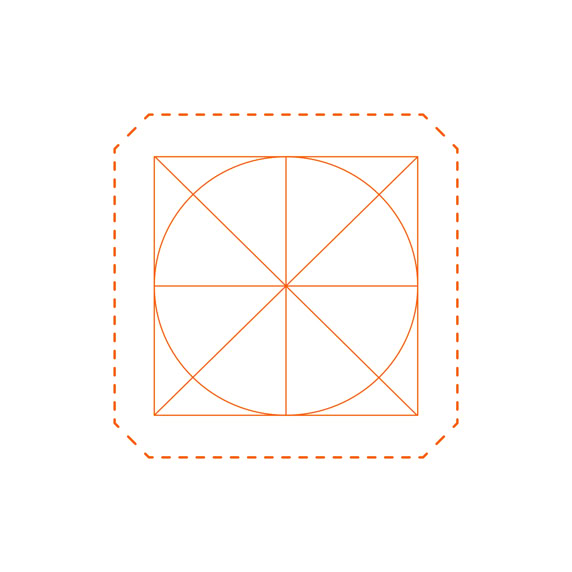 Ein Quadrat mit einem Kreis und diagonalen Linien darin, umgeben von einer gestrichelten Linie.