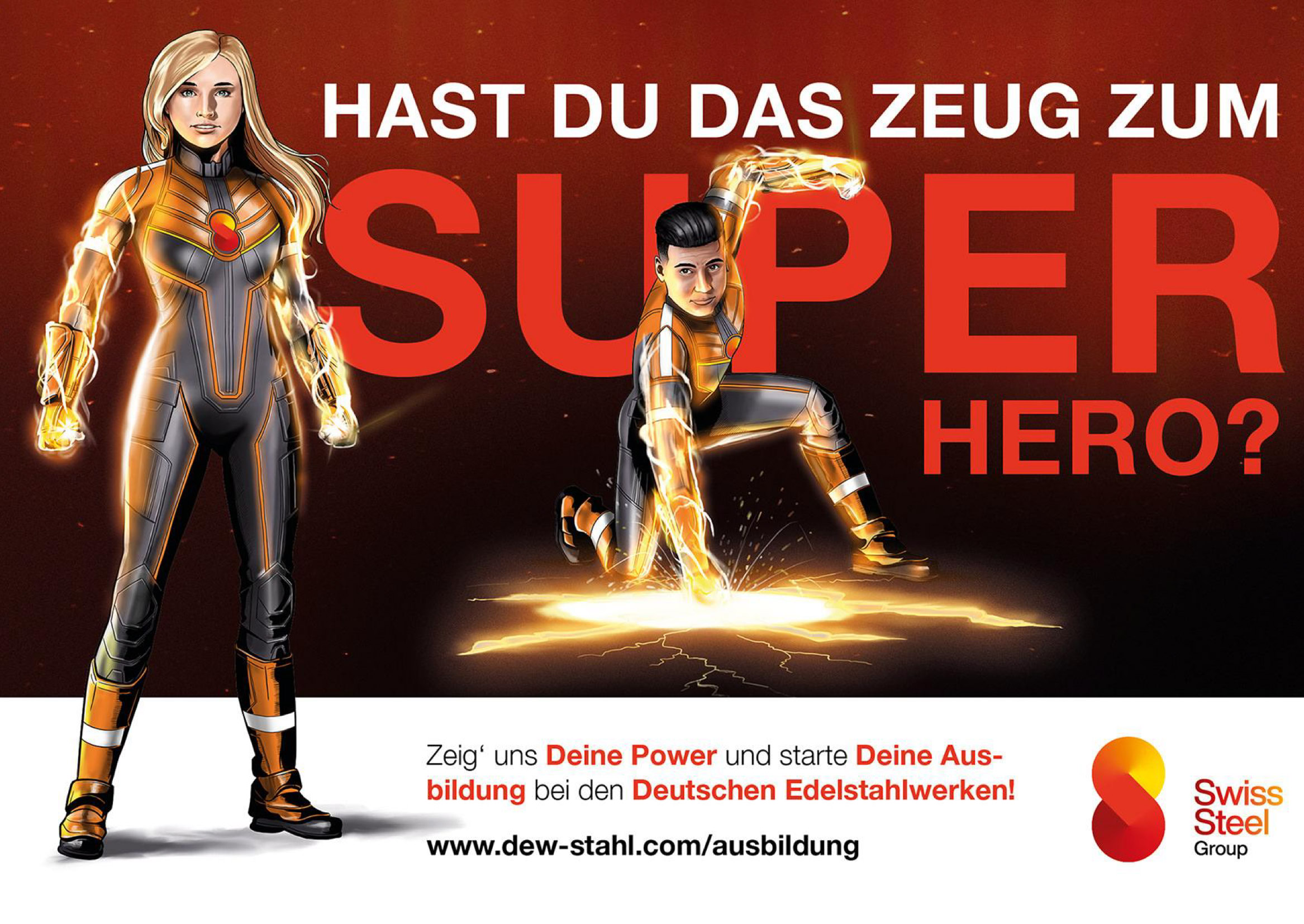 Illustration von zwei Personen in Superheldenkostümen vor rotem Hintergrund mit dem Text "HAST DU DAS ZEUG ZUM SUPER HERO?" und einem Logo in der Ecke.