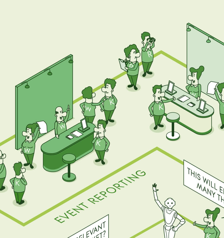 Illustration von mehreren Personen in einem Raum mit Schreibtischen und Computern, einige stehen, andere sitzen.