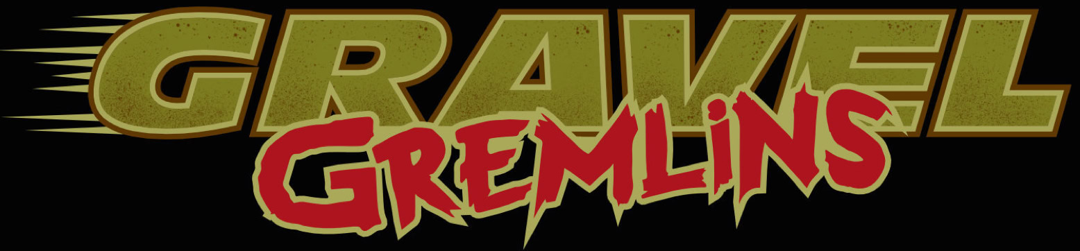 Textlogo mit den Worten "Gravel Gremlins" in gelber und roter Schrift auf schwarzem Hintergrund.